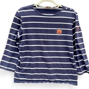 Navy & White Striped Auburn AU Long Sleeve Nautical Breton Top | Large | Coastal